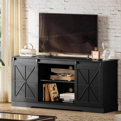 Farmhouse Black TV Stand for 65 Inch TV with Sliding Barn Doors