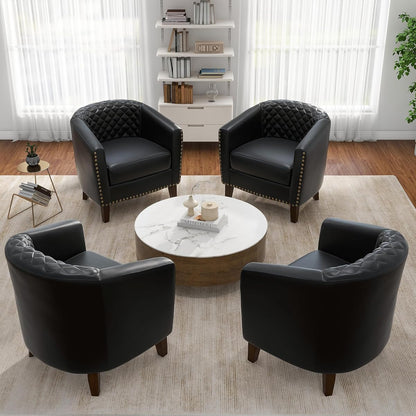 Faux Leather Barrel Accent Chairs Set of 4, Modern Club Arm Chair Comfy Upholstered Single Sofa Chair with Solid Wood Legs and Nailhead Trim for Living Room/Reading Room, Black