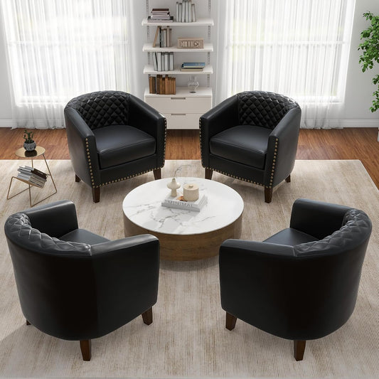 Faux Leather Barrel Accent Chairs Set of 4, Modern Club Arm Chair Comfy Upholstered Single Sofa Chair with Solid Wood Legs and Nailhead Trim for Living Room/Reading Room, Black