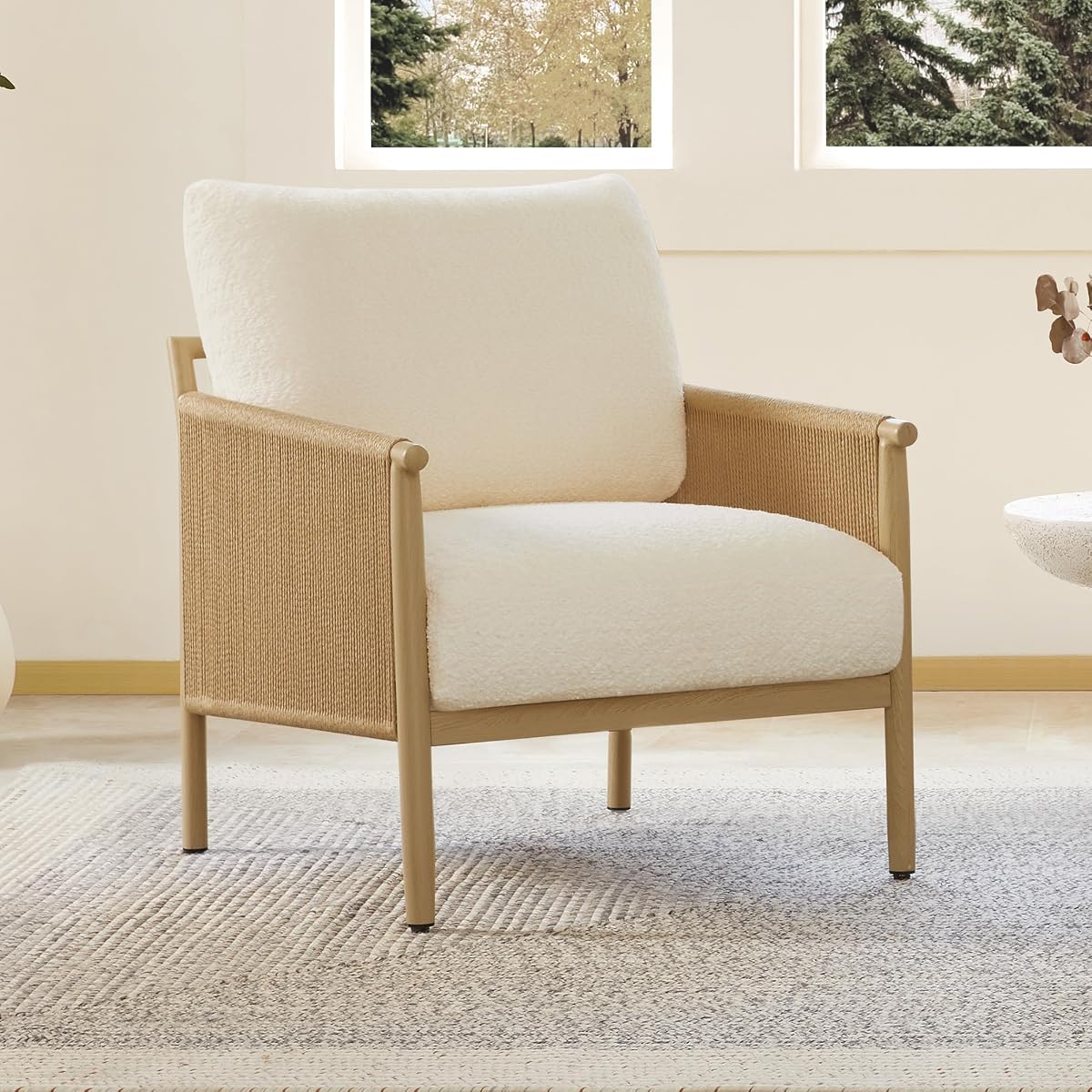 CHITA Braid Accent Chair with Wood-Like Finish Grain Metal Frame, Cream