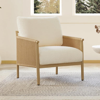 CHITA Braid Accent Chair with Wood-Like Finish Grain Metal Frame, Cream