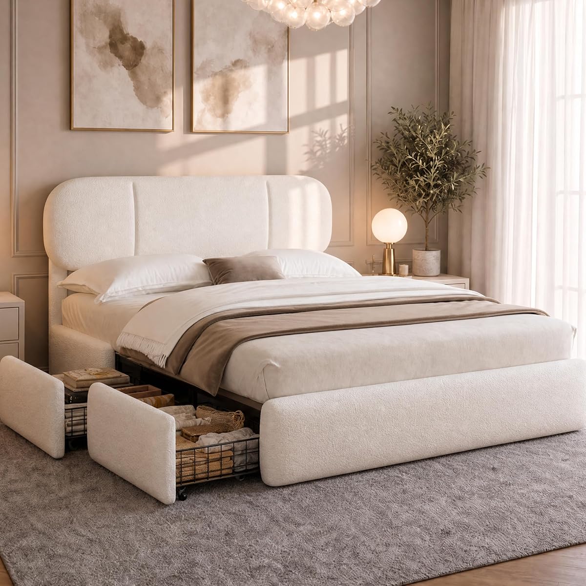 Queen Size Cloud Bed Frame with LED & 4 Drawers, Beige