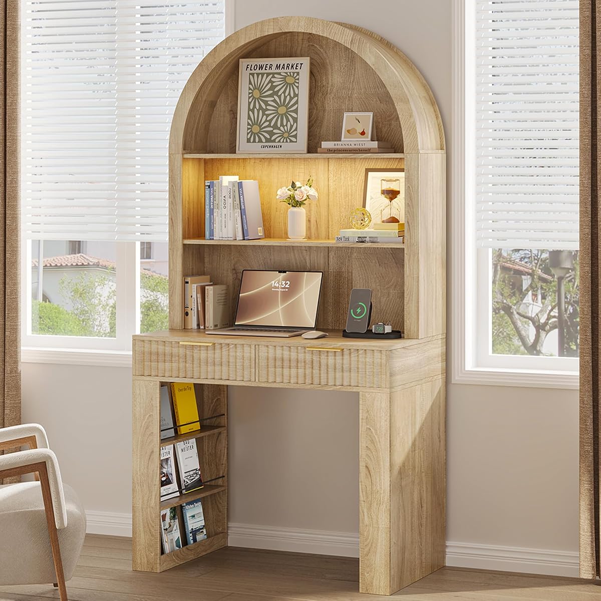 Arched Writing Desk with Hutch, Home Office Desk with 2 Fluted Drawers