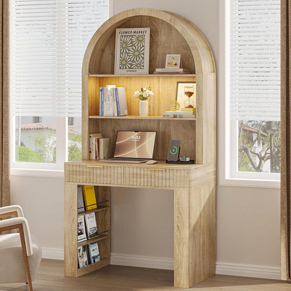 Arched Writing Desk with Hutch, Home Office Desk with 2 Fluted Drawers