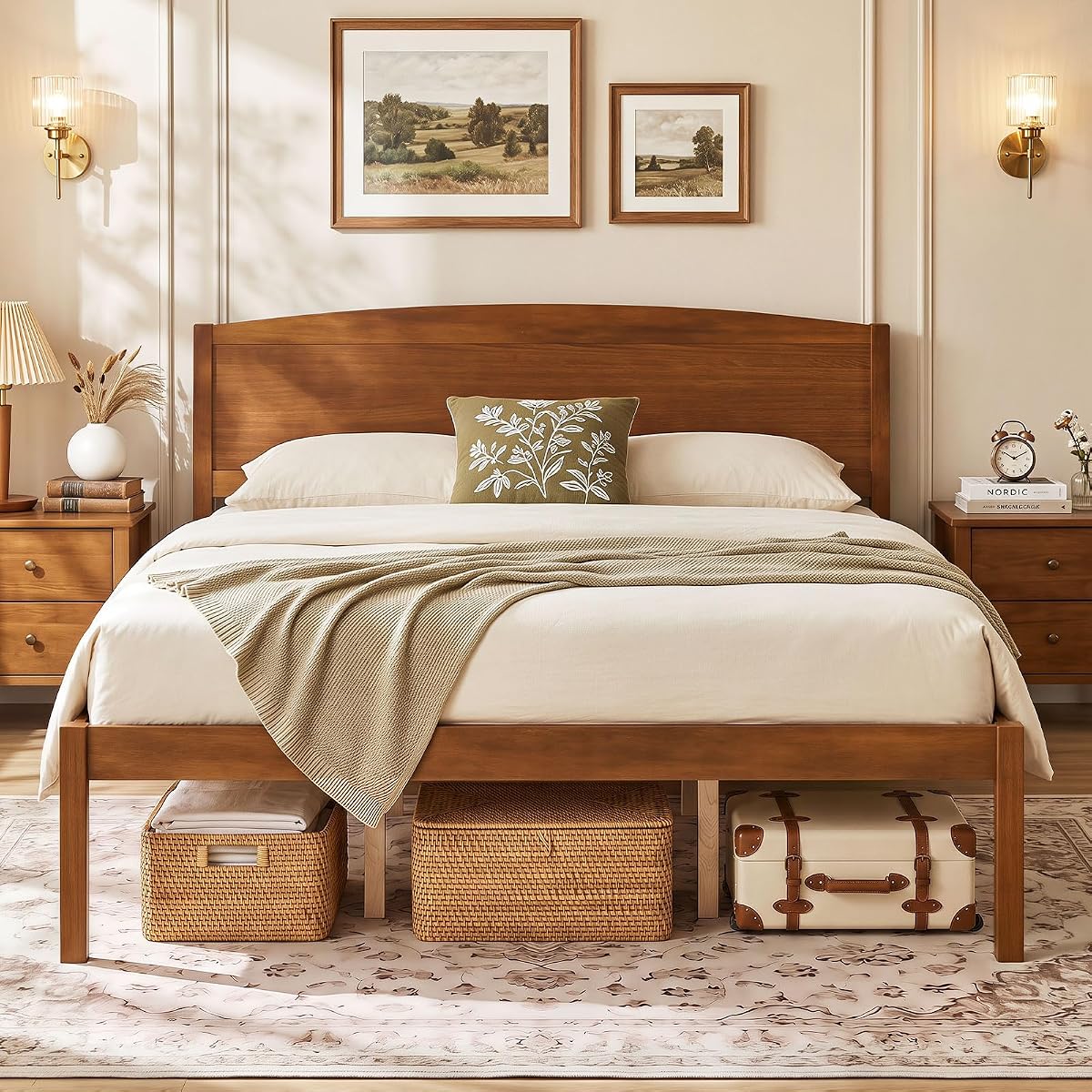 Queen Wooden Bed with Curved Headboard