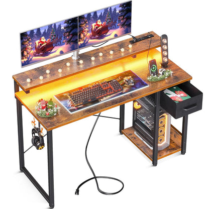 Gaming Desk with LED Lights & Power Outlet, 48 Inch Computer Desk with Drawers, Reversible Small Desk with Monitor Stand & Headphone Hook for Home Office, Rustic Brown