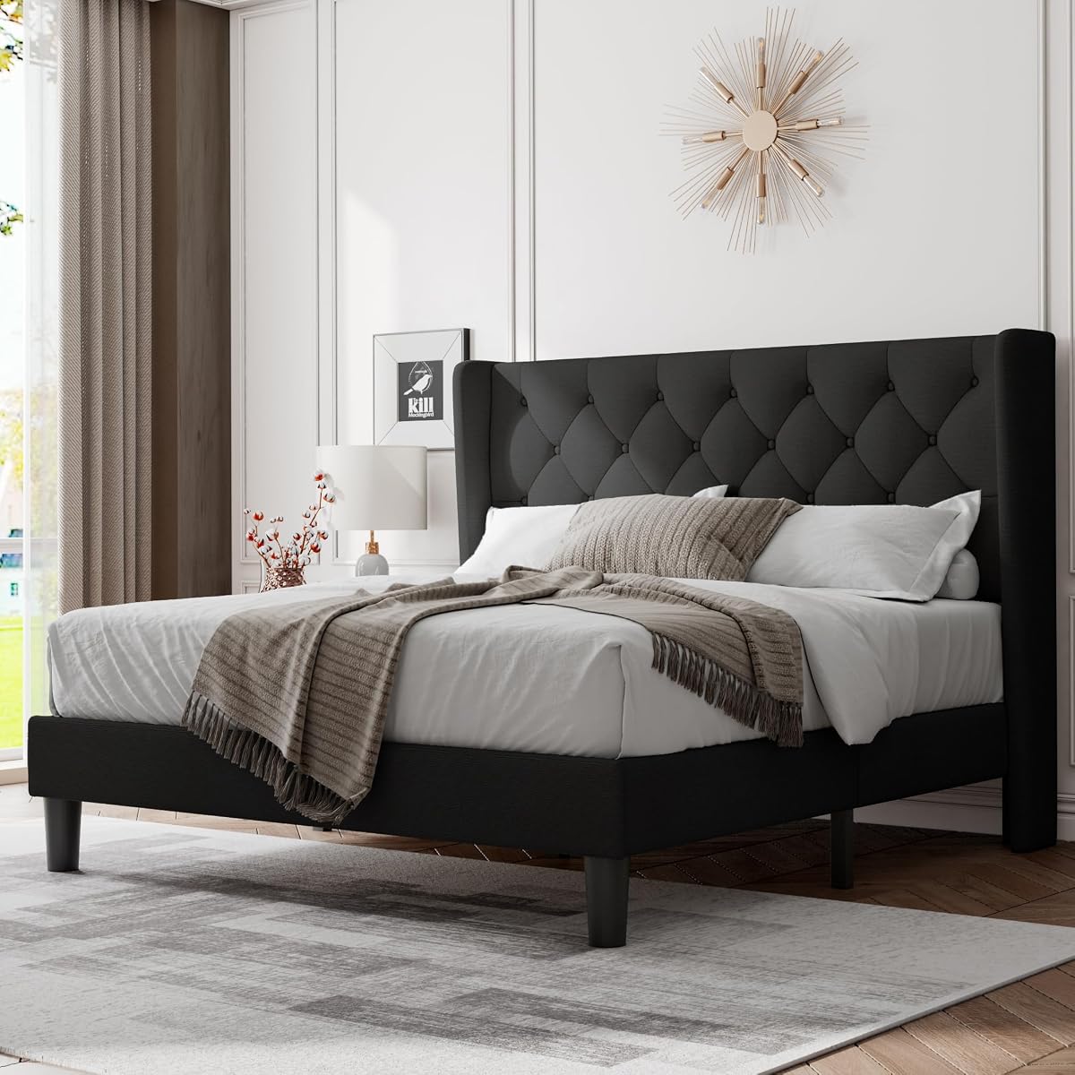 Queen Bed Frame with Upholstered Wingback Headboard