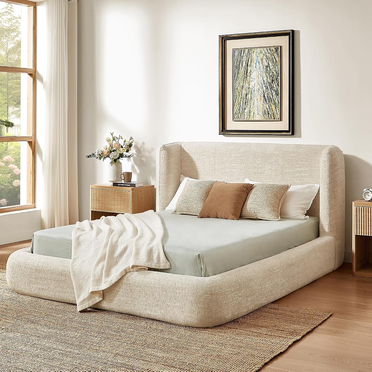 Queen Cloud Upholstered Bed Frame in Cream