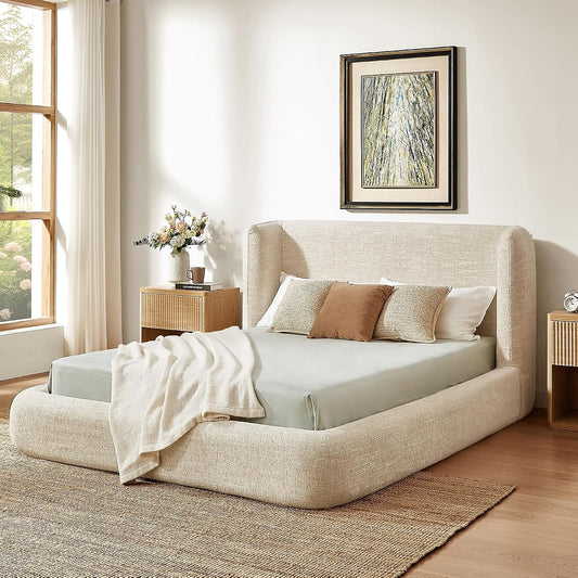 Queen Cloud Upholstered Bed Frame in Cream