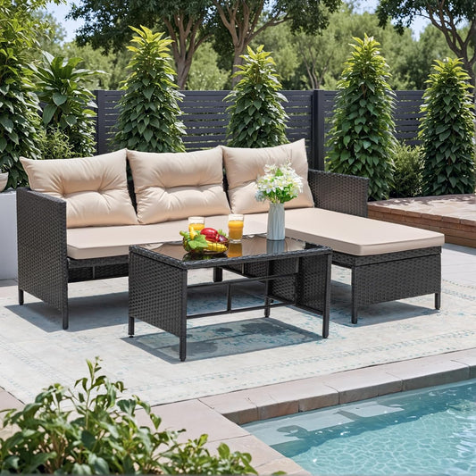3 Piece Patio Furniture Set Outdoor Wicker Rattan Sectional Sofa with Cushions & Coffee Table for Yard, Garden, Porch, Poolside, Light Beige