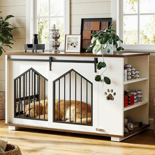 Large Dog Crate Furniture with Rotating Bowls and Shelves