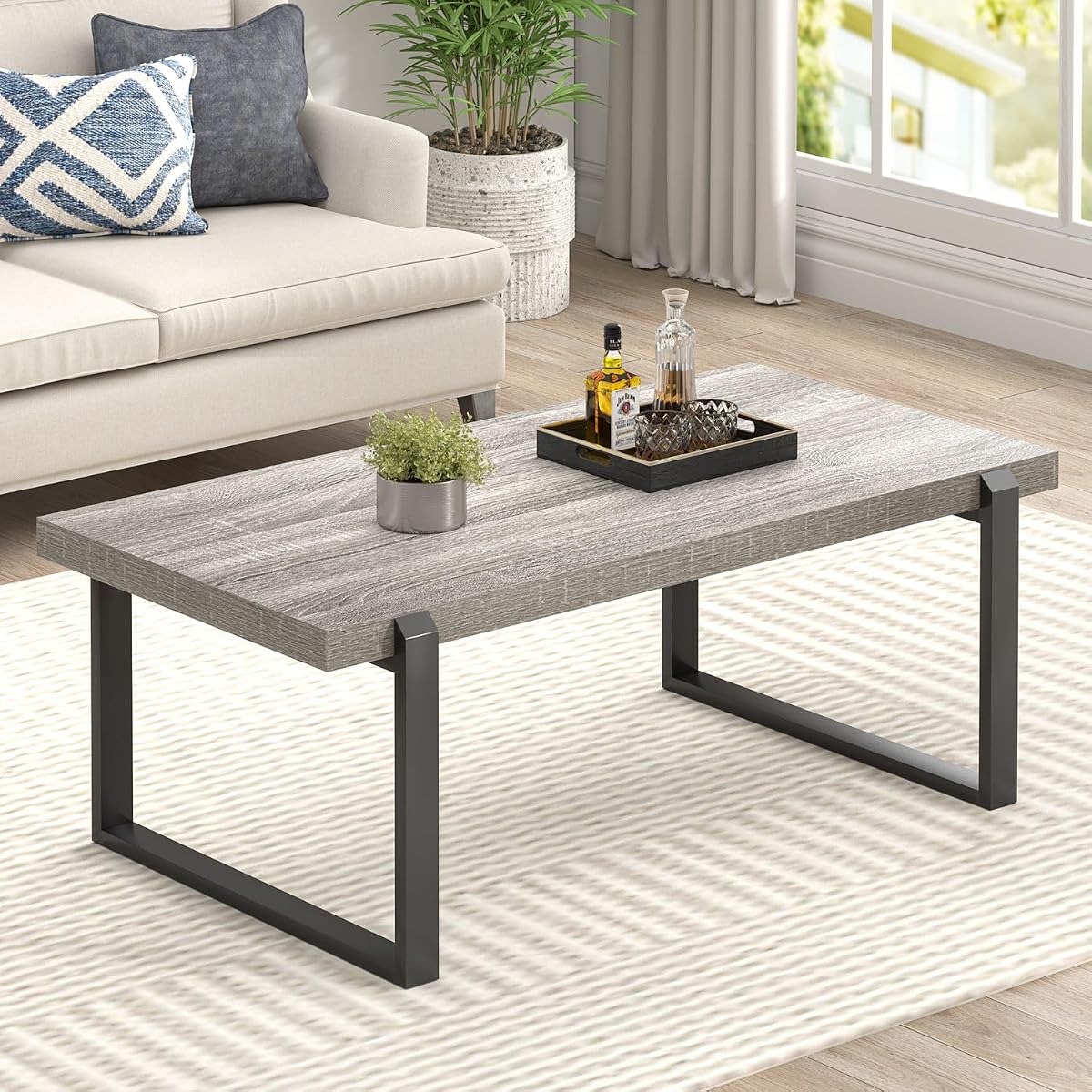 Modern Coffee Table, Rustic Wood and Metal Center Table, Retro Small Cocktail Tea Table for Living Room, Light Grey, 44 Inch