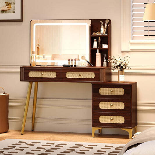 JIVOIT 47" Vintage Makeup Vanity with Mirror, Modern Makeup Vanity Desk with 5 Drawers and Storage Shelf, Rattan Drawer Design, Rounded Corner Design, Dressing Table for Home
