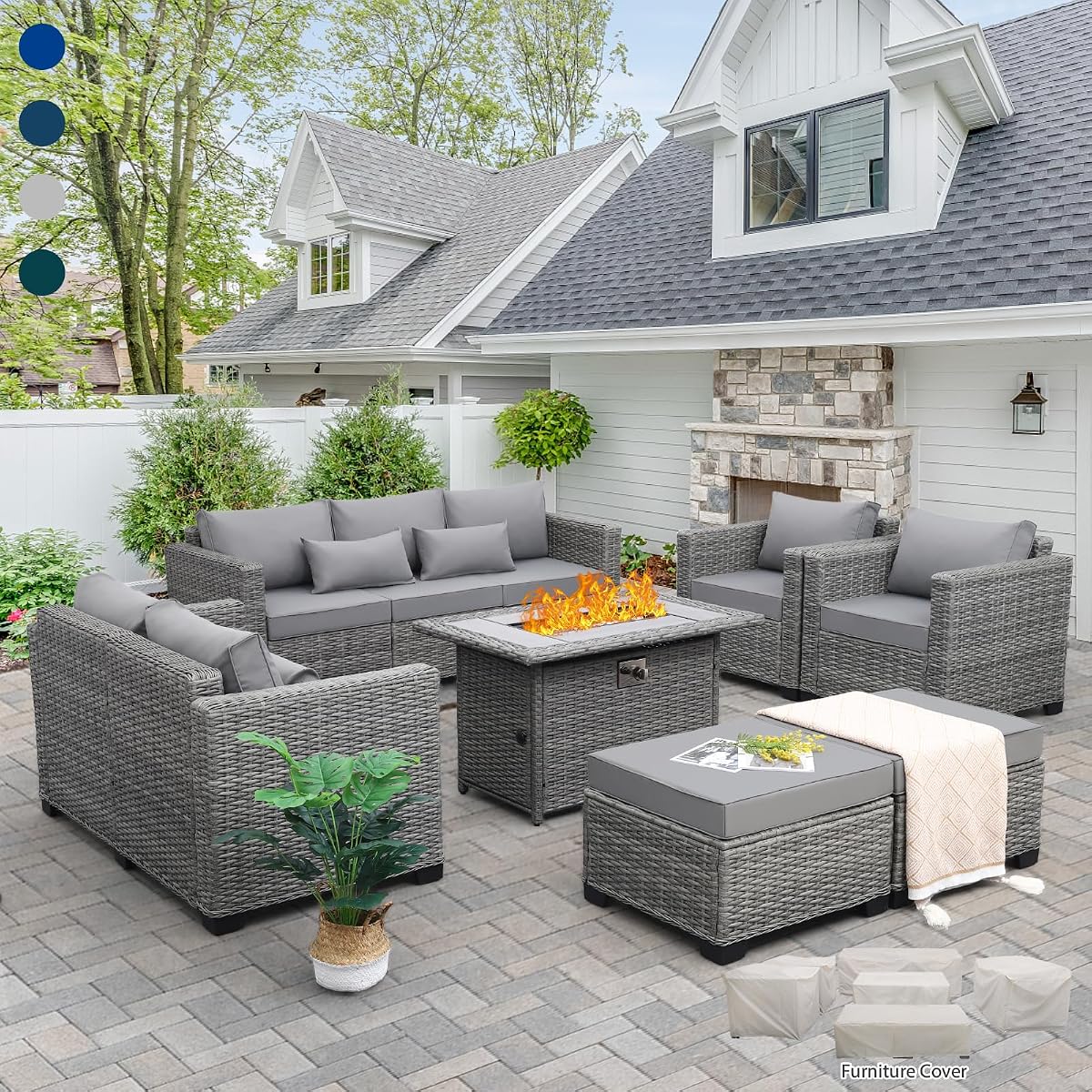 7-Piece Outdoor Furniture Sets Patio Furniture Set with 45-inch Fire Pit Patio Couch Outdoor Chairs 60000 BTU Propane Fire Pit Table with Non-Slip Cushions Waterproof Covers, Light Grey