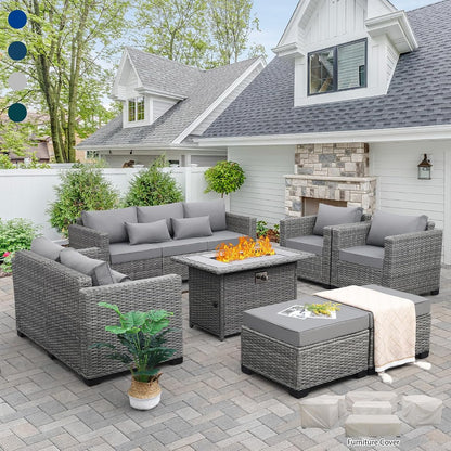 7-Piece Outdoor Furniture Sets Patio Furniture Set with 45-inch Fire Pit Patio Couch Outdoor Chairs 60000 BTU Propane Fire Pit Table with Non-Slip Cushions Waterproof Covers, Light Grey
