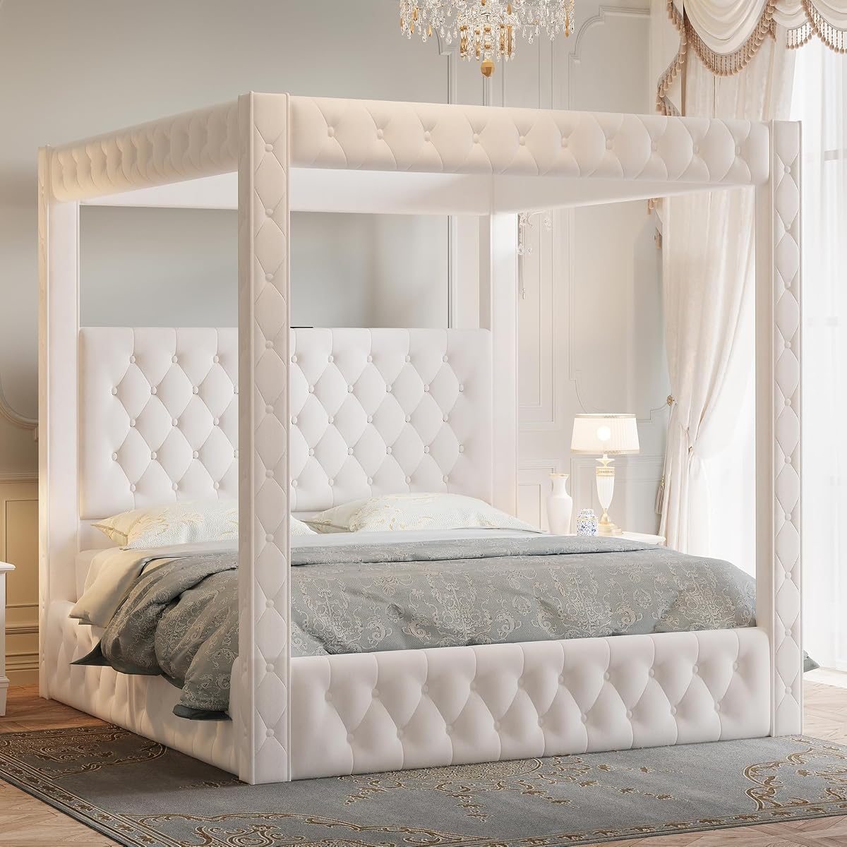 Queen Canopy Bed Frame Velvet Upholstered Headboard, Cream