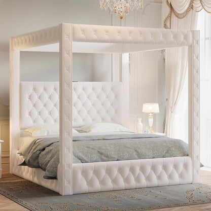Queen Canopy Bed Frame Velvet Upholstered Headboard, Cream