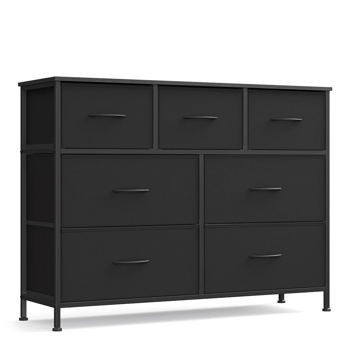 SONGMICS Dresser for Bedroom, Chest of Drawers, TV Stand, Steel, MDF, 7 Non-Woven Fabric Drawers, Storage Organizer Unit, Closet, Entryway, Ink Black and Ebony Black ULGS323B01S