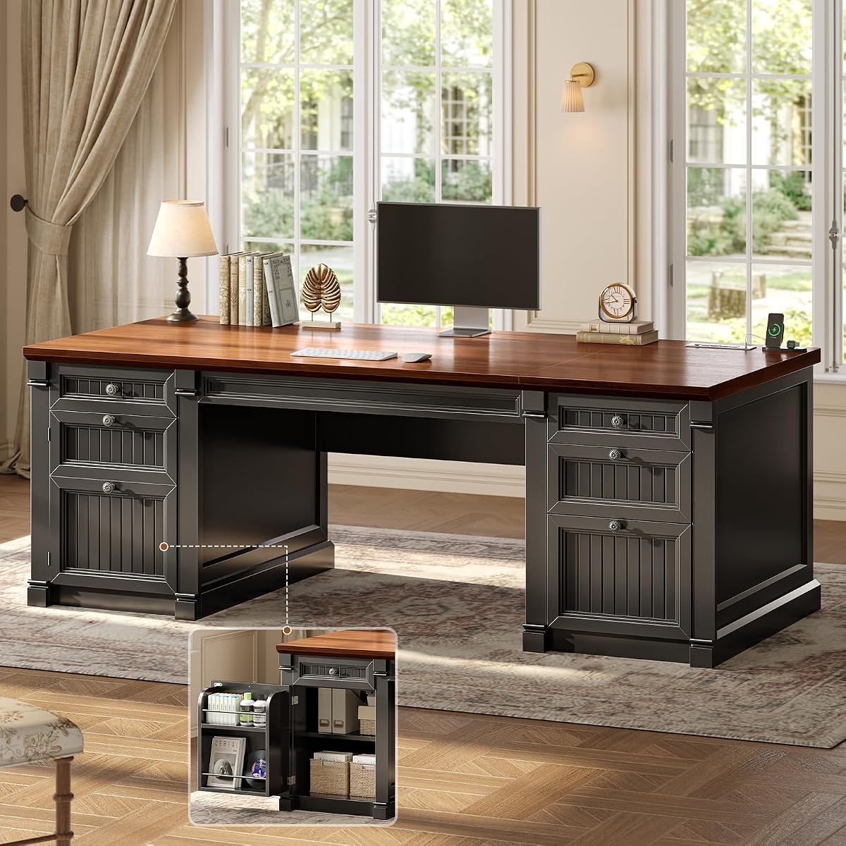 67" Office Executive Desk with 4 Drawers, Storage Cabinet & Outlet