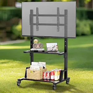 Outdoor TV Stand with Storage for 32–75 Inch TVs, Max VESA 600×400 mm, Supports 150 lbs, Height Adjustable Mobile Cart with Locking Wheels, Rolling TV Stand for Home Office Outdoor(Black)