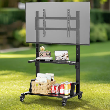 Outdoor TV Stand with Storage for 32–75 Inch TVs, Max VESA 600×400 mm, Supports 150 lbs, Height Adjustable Mobile Cart with Locking Wheels, Rolling TV Stand for Home Office Outdoor(Black)