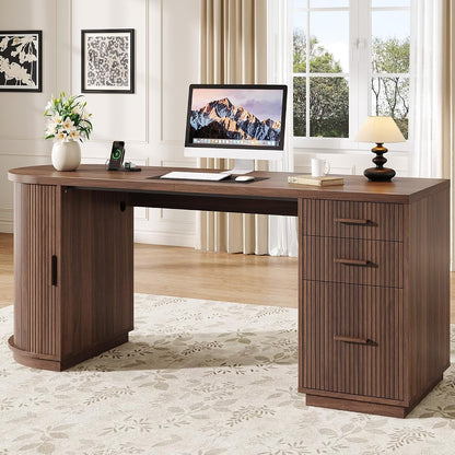 70" Fluted Executive Desk with File Drawers (Walnut)