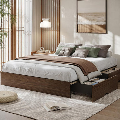 Wood Platform Bed Frame, California King Bed Frame with 2 Drawer