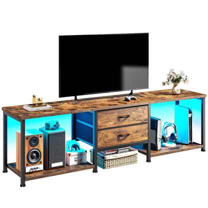 TV Stand for 75 Inch TV with Light & Storage Shelves for Living Room, Brown