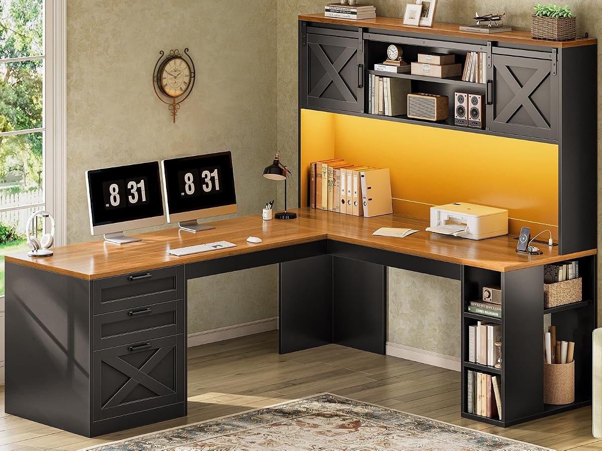 67" Farmhouse L Shaped Desk with Hutch, Black+Brown