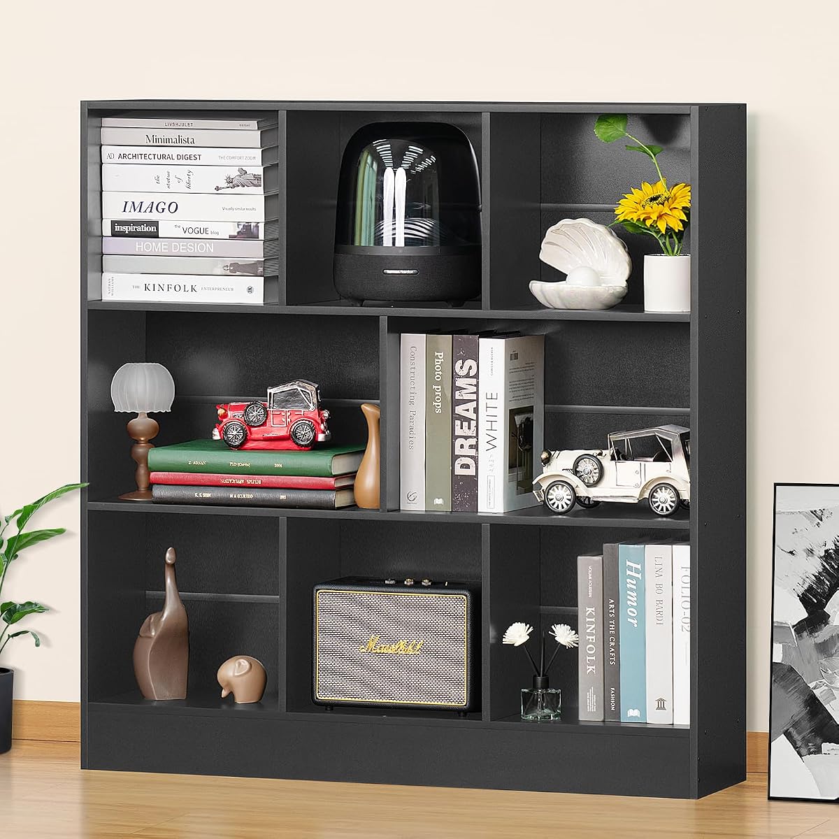 Black Wide Bookshelf,3 Tier Modern Horizontal Bookcase,Wood Low Bookshelves Display Storage Cabinet with Base,Floor Standing 8 Cube Large Bookcases Organizer for Bedroom,Living Room,Office
