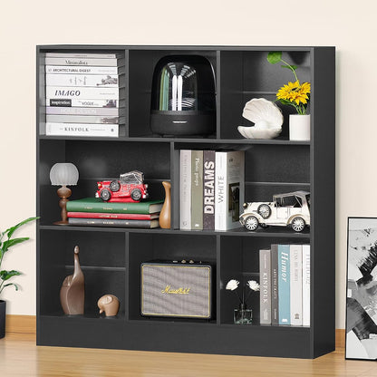 Black Wide Bookshelf,3 Tier Modern Horizontal Bookcase,Wood Low Bookshelves Display Storage Cabinet with Base,Floor Standing 8 Cube Large Bookcases Organizer for Bedroom,Living Room,Office