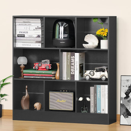Black Wide Bookshelf,3 Tier Modern Horizontal Bookcase,Wood Low Bookshelves Display Storage Cabinet with Base,Floor Standing 8 Cube Large Bookcases Organizer for Bedroom,Living Room,Office