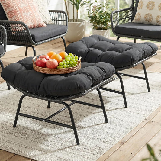 Grey wide rattan indoor outdoor ottoman set of two with cushions