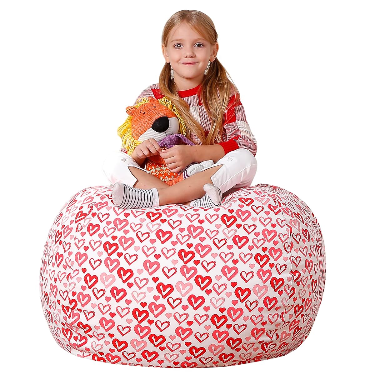 Stuffed Animal Bean Bag Storage Chair, Beanbag Covers Only for Organizing Plush Toys, Turns into Bean Bag Seat for Kids When Filled, Medium 32"-Canvas Pattern Heart