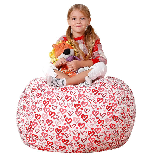 Stuffed Animal Bean Bag Storage Chair, Beanbag Covers Only for Organizing Plush Toys, Turns into Bean Bag Seat for Kids When Filled, Medium 32"-Canvas Pattern Heart