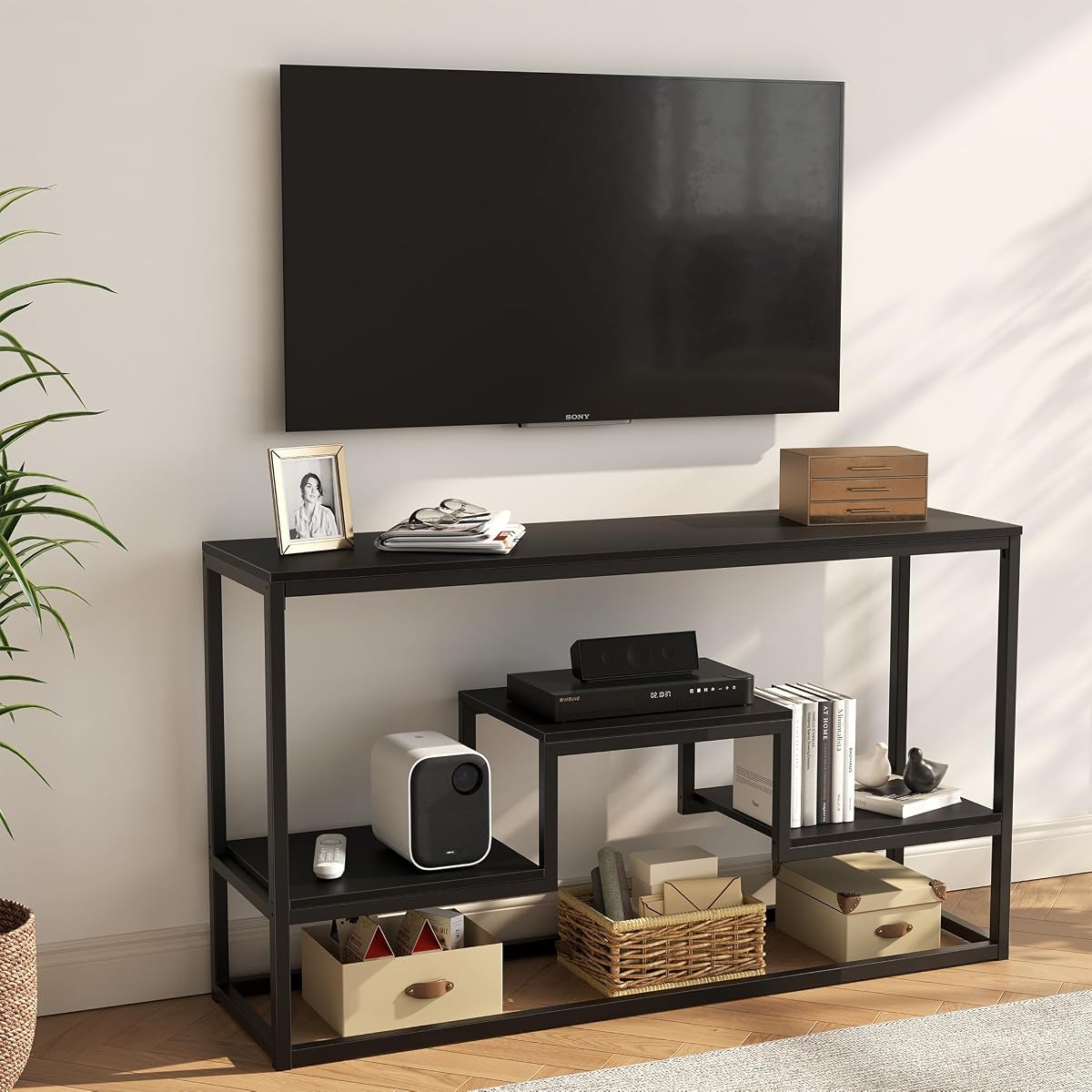 55 Inch Tall TV Stand for TVs up to 65 Inch, TV Console Table with 3-Tier Open Storage Shelves, Modern Industrial Entertainment Center for Living Room, Bedroom, Black