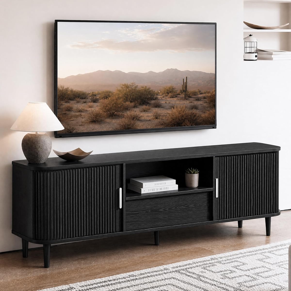 Mid-Century Modern Fluted TV Stand for 65/70/75/80 TVs, Black
