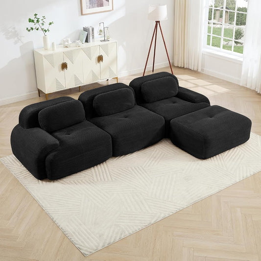 116" Modern Corduroy Cloud Sofa with Ottoman, L Shaped Boneless Modular Large Sectional Couches for Living Room, Black 3 Seater Compressed Memory Foam Couch, Extra Deep Seat, No Assembly