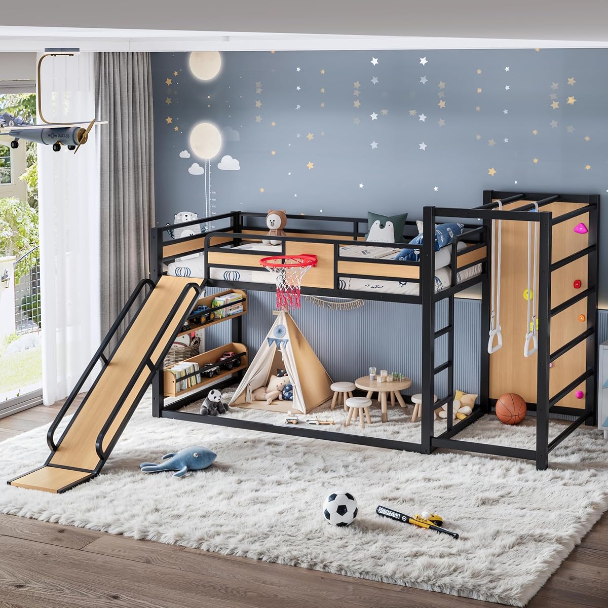 JIVOIT Twin XL Size Metal Loft Bed, Multi-Functional Design Loft Bed Frame with Basketball Hoop, Pull-Up Rings, Climbing Wall, Built-in Bookshelves, a Slide, Space-Saving Design, No Box Spring Needed