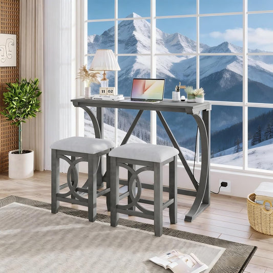 RuiSiSi 3 Piece Counter Height Dining Set, Farmhouse Kitchen Table Set with USB Port and 2 Upholstered Stools, Breakfast Nook Set for Kitchen, Dining Room, Living Room, Grey
