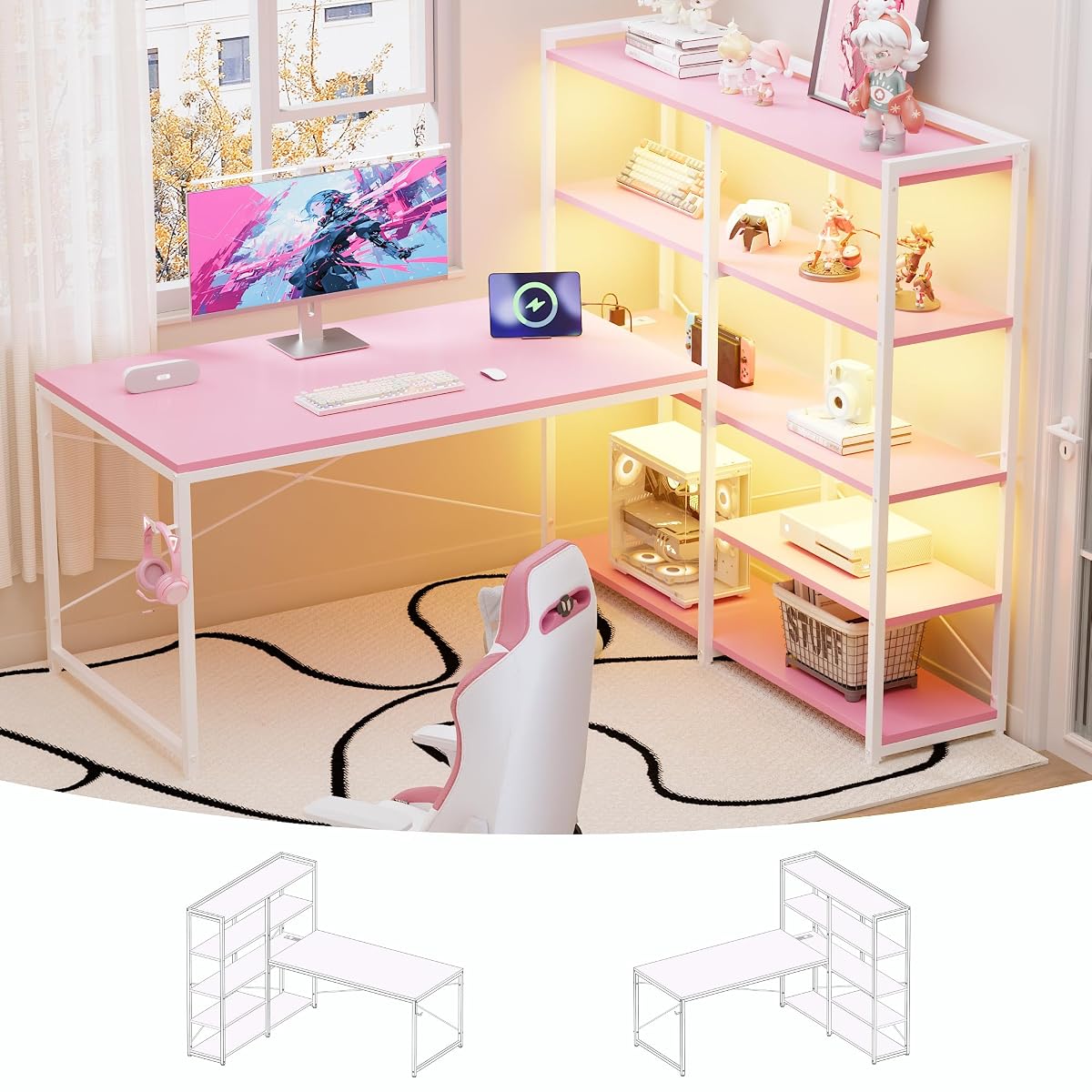 49 Inch L Shaped Gaming Computer Desk with Shelves and Storage