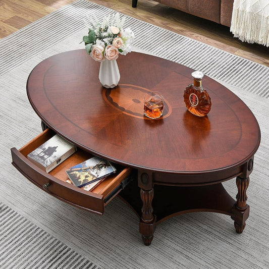 Oval Coffee Table for Living Room, Cherry Solid Wood Coffee Table with Storage Drawer, Victorian Antique Vintage Coffee Tables 45"x27.6"x18.2", Easy Assembly, Cherry Walnut, KFZ-1533-WD-DR