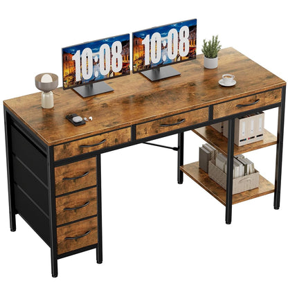 55" Computer Desk with 6 Drawers, Home Office Gaming Desks with Storage Shelves for Bedroom, Writing Study Corner Living Room Work Table Rustic Brown