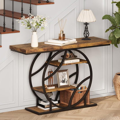 Entryway Table for Foyer,41.3 Inch Industrial Narrow Console Table,Accent Decor Living Room Furniture,Hallway & Sofa Table for Entrance,4-Tier Storage Shelves,Metal Frame,Thick Wood Top