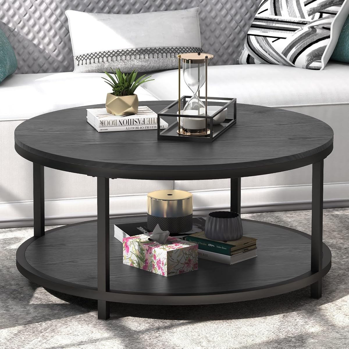 Round Coffee Table Black 35.8" Circle Coffee Tables for Living Room Rustic Industrial Design with Sturdy Metal Frame Legs and Open Storage Shelf, Easy Assembly