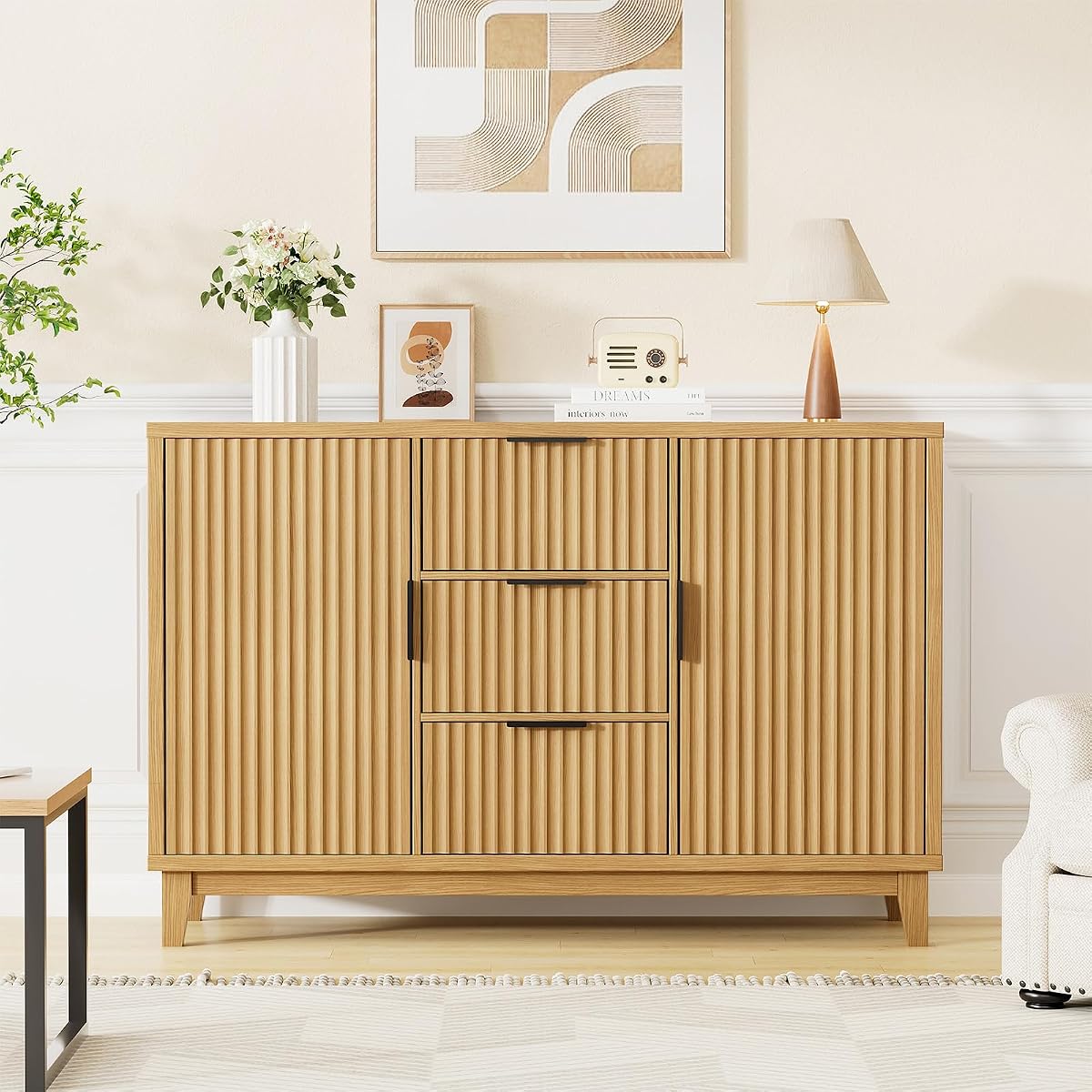 47.2" W Storage Cabinet with 3 Drawers, Fluted Buffet Cabinet with Storage