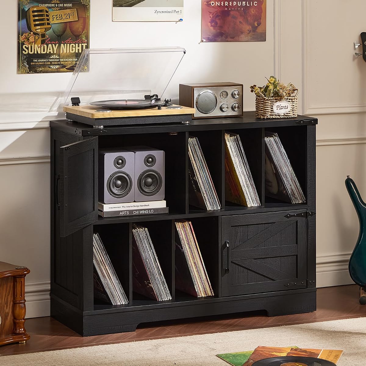 Large Record Player Stand with Vinyl Storage Up to 450 Albums
