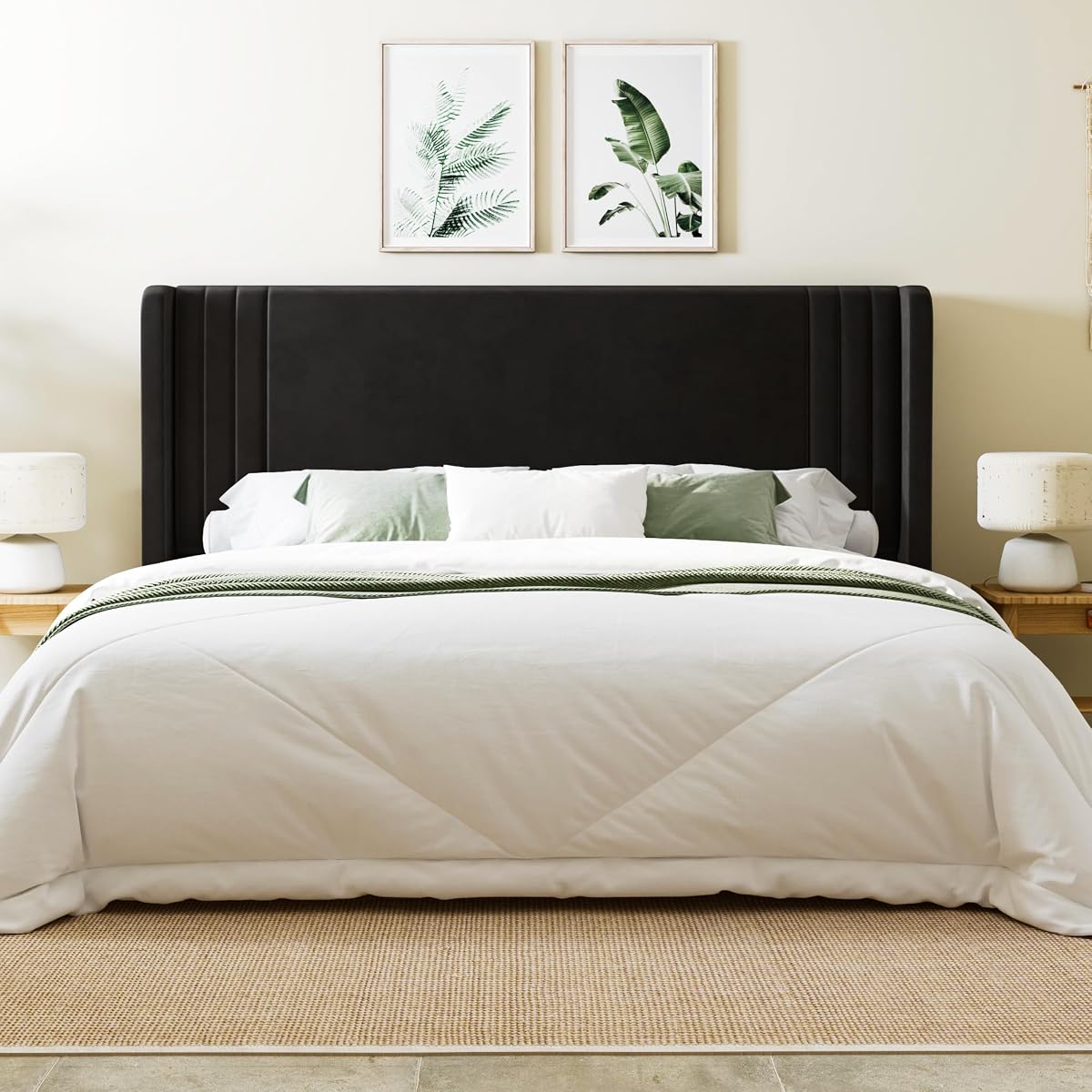 King Size Velvet Platform Bed Frame, Tall Wingback Headboard, Black