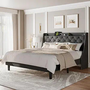 King Size Bed Frame with Luxury Wingback and Fast Charging Station, view 2