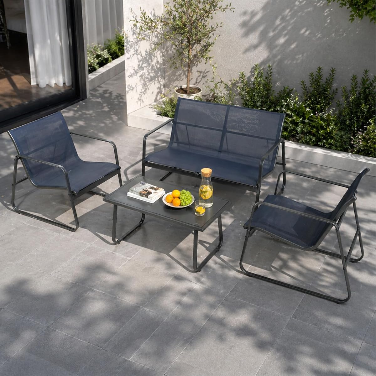 Sofia 4-Piece Patio Conversation Set, Outdoor Furniture Set with Loveseat, 2 Chairs & Table, Breathable Textilene Seating, Powder-Coated Metal Frame, All-Weather for Balcony Backyard Navy Blue